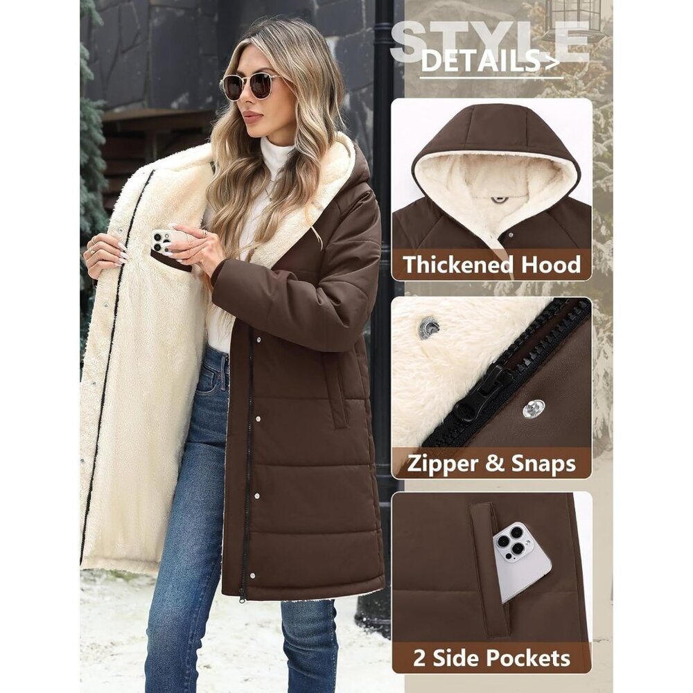 Women's Long Coffee Hooded Puffer Down Jacket Coat Fleece Warm Fashion Outerwear - Picture 2 of 9